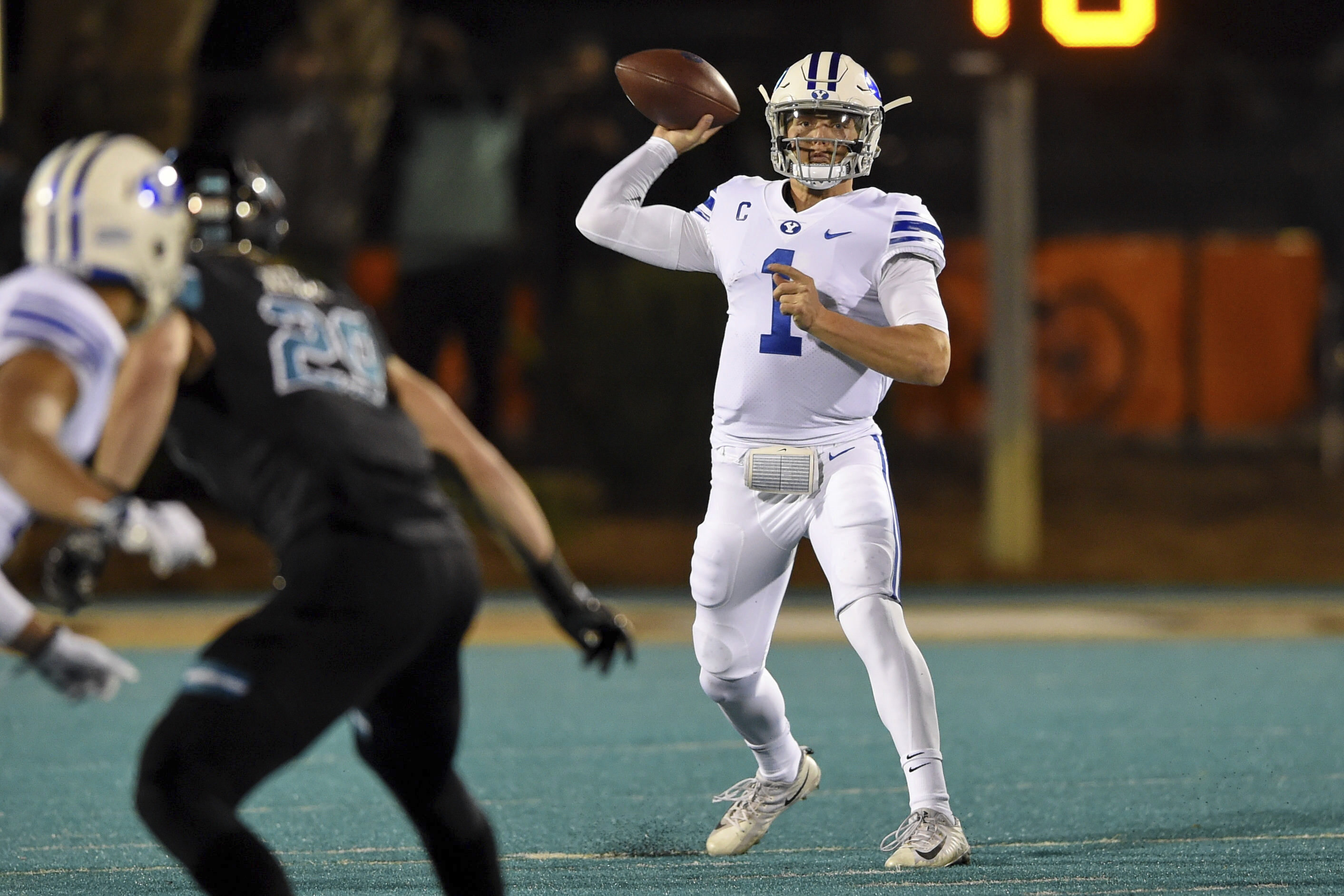 BYU quarterback Zach Wilson drops back to pass during the first half of an NCAA college football game against Coastal Carolina, Saturday, Dec. 5, 2020, in Conway, S.C.