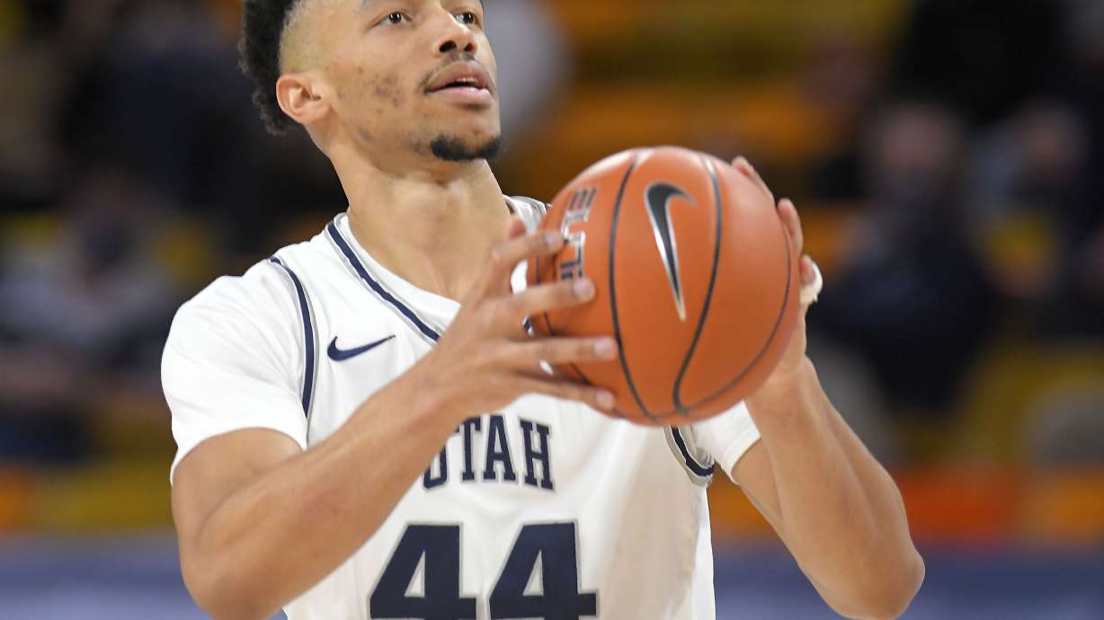 Utah State guard Marco Anthony shoots a free throw against BYU the Cougars won an NCAA college basketball game 67-64 on Saturday, Dec. 5, 2020, in Logan, Utah.