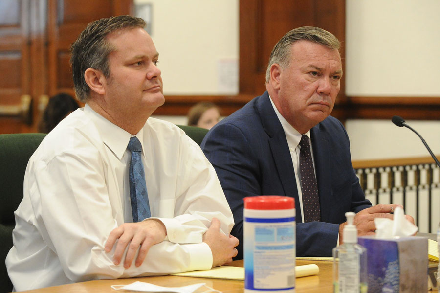 Chad Daybell sits with his defense attorney John Prior at the Fremont County Courthouse in April 2022. Daybell wants his trial postponed until at least next fall, and he’s asking for it to be held separate from his wife’s.