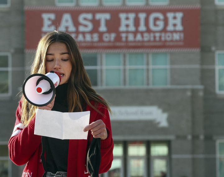 East High School student body president Mya Bateman speaks about wanting to have a choice whether to attend school in person or not during a rally outside of East High School in Salt Lake City on Monday, Dec. 7, 2020. Students of all ages gathered outside the school and spoke about wanting to attend school in person.