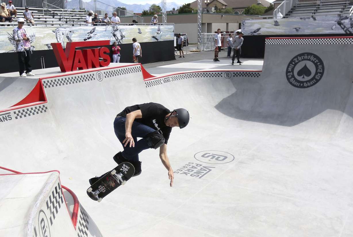 Skateboarding legend Tony Hawk skates at the Vans-Utah Sports Commission Skatepark at the Utah State Fairpark in Salt Lake City on Tuesday, Sept. 3, 2019.