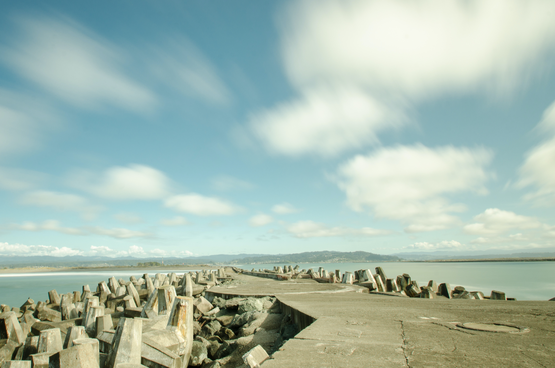 Humboldt Bay, amazing seascape view from tip of North Jetty, Samoa, California. Pacific ocean on the left. Humboldt Bay on the right. 