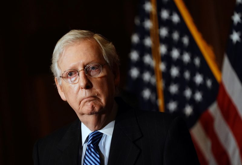 FILE PHOTO: U.S. Senate Majority Leader Mitch McConnell stands during a news conference with Republican leaders at the U.S. Capitol in Washington, D.C., Dec. 8, 2020.
