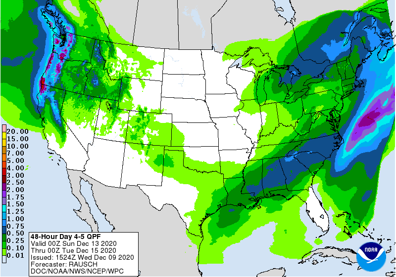 This map shows precipitation projections for the continental U.S. between Sunday, Dec. 13, and Wednesday, Dec. 15, 2020.