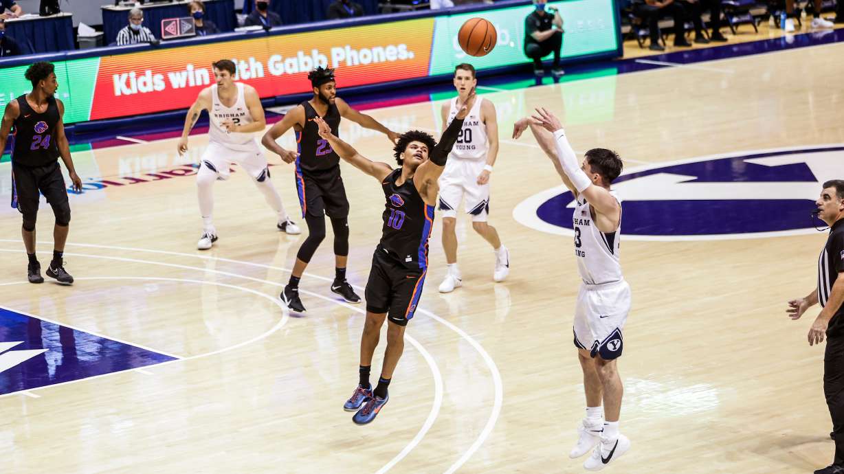 Alex Barcello takes a 3-pointer as BYU men's basketball plays Boise State in the Marriott Center in Provo.