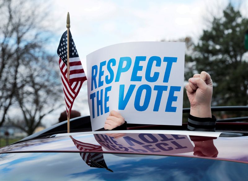 FILE PHOTO: Demonstrators in a car caravan demand the Board of State Canvassers to certify the results of the election in Lansing, Michigan, U.S., November 23, 2020.   REUTERS/Rebecca Cook/File Photo