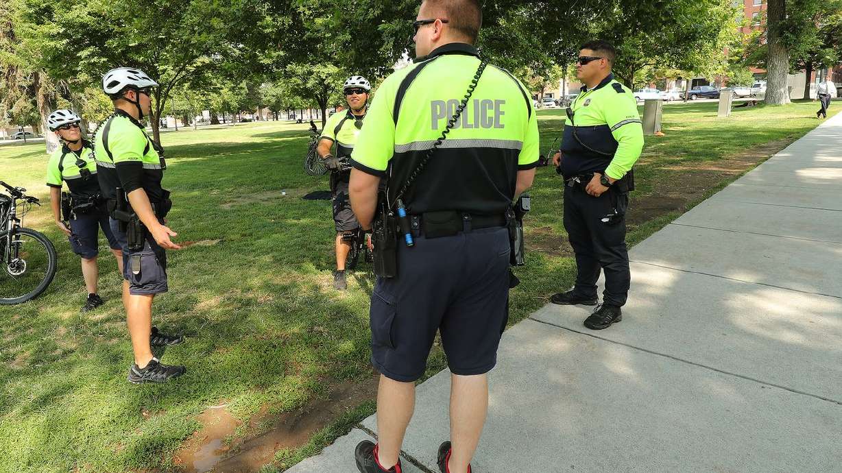 Salt Lake City Police patrol Pioneer Park in 2018. The
Pioneer Park Coalition hosted Thursday a discussion focused on the
challenges law enforcement faces, especially as it relates to crime
associated with or near homeless encampments.