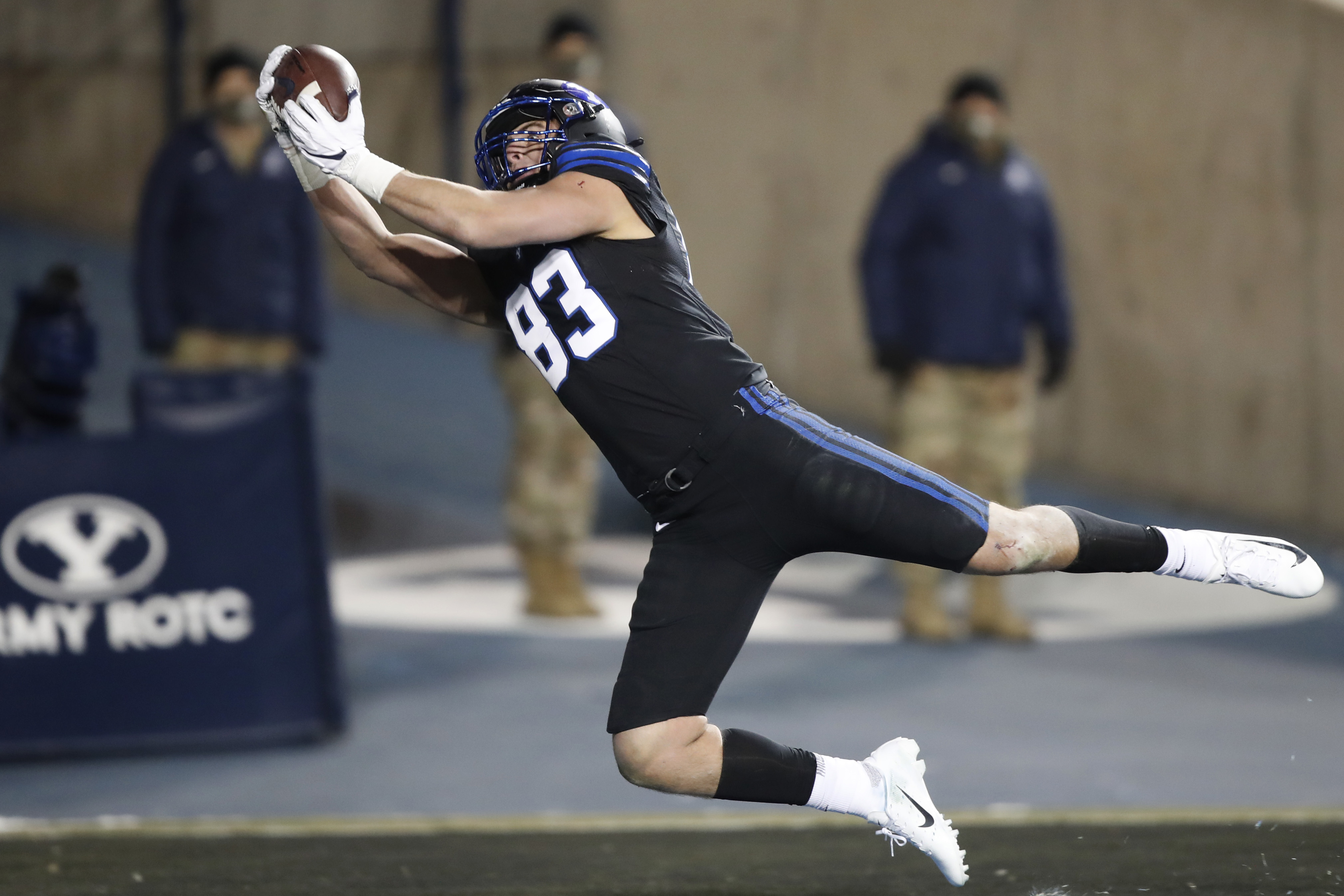 BYU tight end Isaac Rex (83) catches a touchdown pass in the second half of an NCAA college football game against San Diego State Saturday, Dec. 12, 2020, in Provo, Utah. (AP Photo/George Frey, Pool)