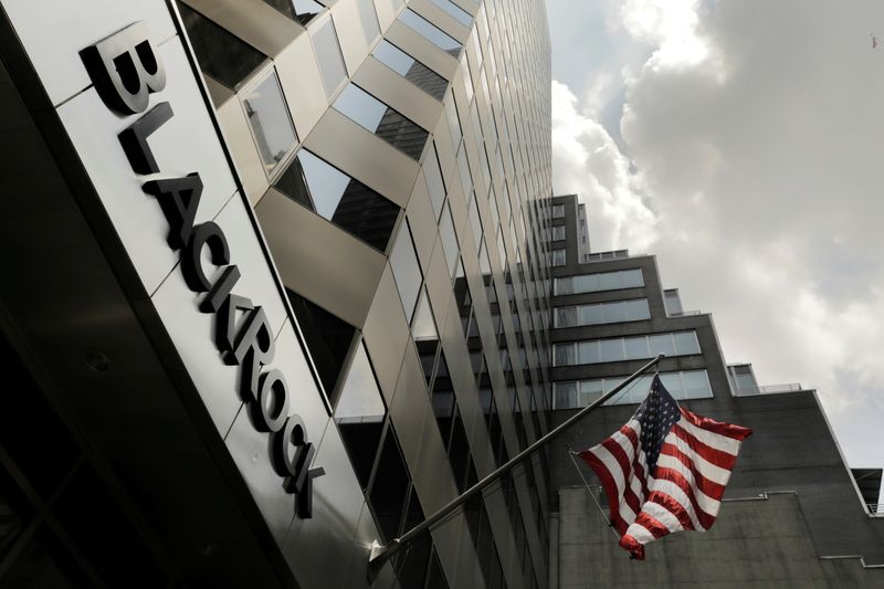 FILE PHOTO: A sign for BlackRock Inc hangs above their building in New York U.S., July 16, 2018. REUTERS/Lucas Jackson