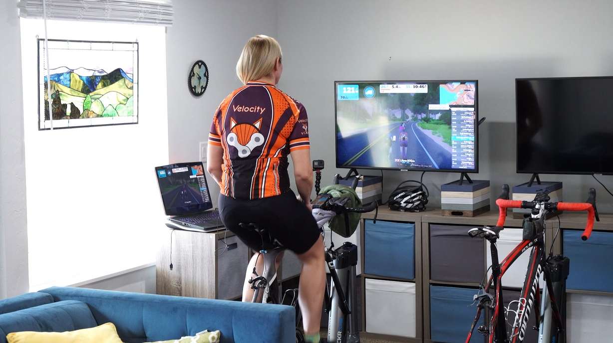 On days when it's just too cold or icy to get outside, Dawn Bardon rides on her indoor trainer and using a virtual platform called Zwift to ride in real-time with other cyclists.