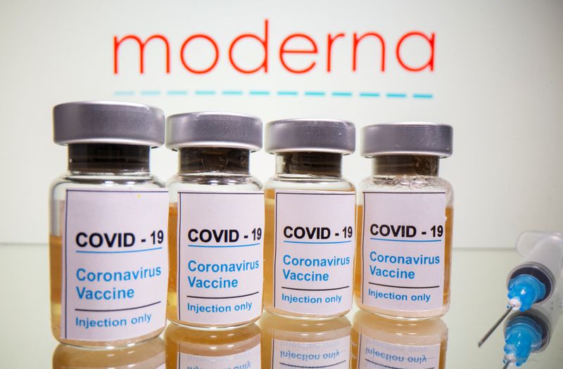 FILE PHOTO: Vials with a sticker reading, "COVID-19 / Coronavirus vaccine / Injection only" and a medical syringe are seen in front of a displayed Moderna logo in this illustration taken October 31, 2020. REUTERS/Dado Ruvic/Illustration
