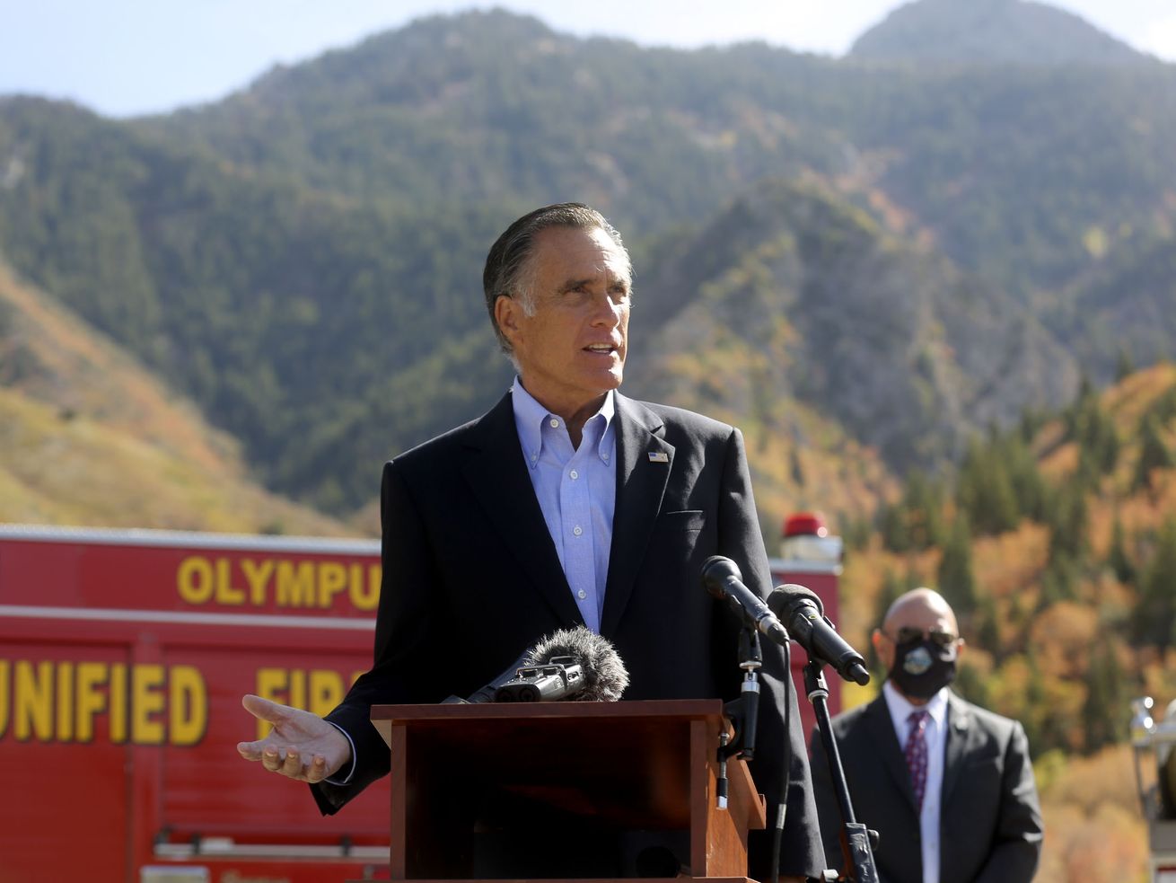 Sen. Mitt Romney, R-Utah, talks about his plan to
establish a wildfire commission during a press conference at the
Neff’s Canyon trailhead in Millcreek on Thursday, Oct. 15, 2020.