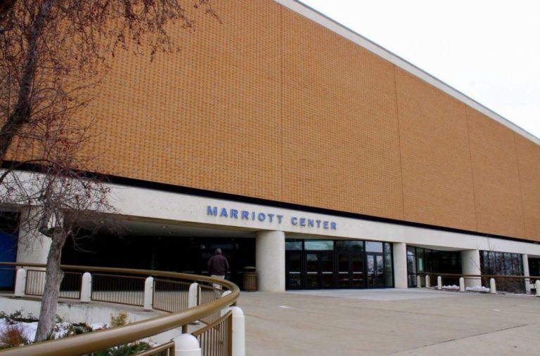 Marriott Center where a person diagnosed with a mild case of COVID-19 attended a BYU basketball game on Feb. 22, 2020.