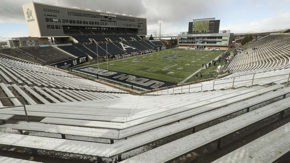 The Utah State Aggies and Fresno State Bulldogs play without a crowd due to COVID-19 restrictions in Logan on Saturday, Nov. 14, 2020.