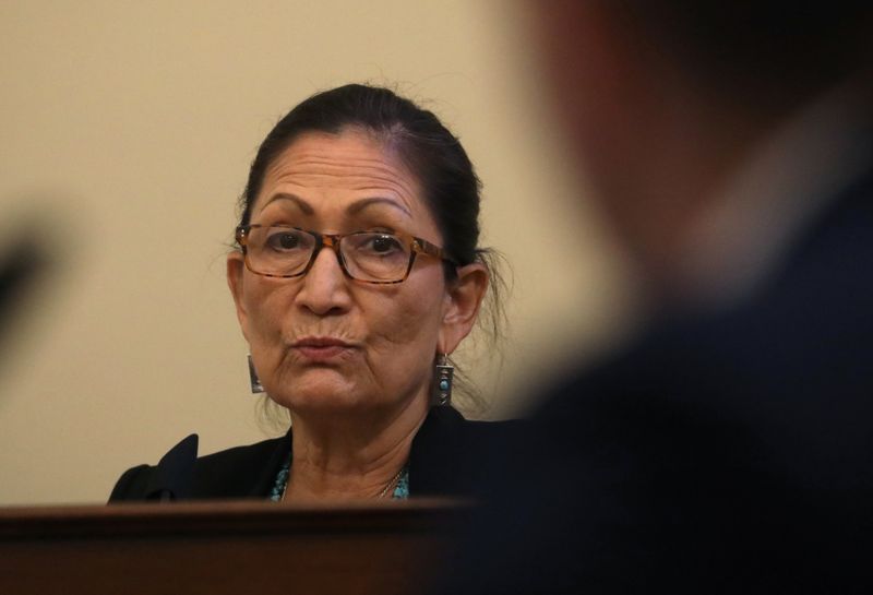 FILE PHOTO: U.S. Rep. Deb Haaland (D-NM) questions Major Adam DeMarco of the District of Columbia National Guard as he testifies about the June 1 confrontation with protesters at Lafayette Square near the White House during a House Natural Resources Committee hearing on Capitol Hill in Washington, U.S., July 28, 2020. REUTERS/Leah Millis/Pool