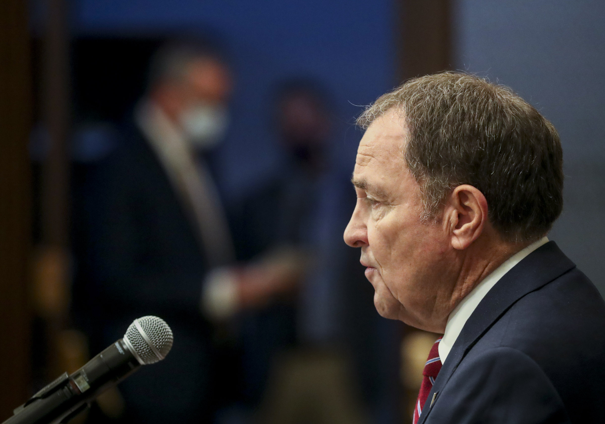 Gov. Gary Herbert talks about the COVID-19 pandemic in Utah during a briefing at the Capitol in Salt Lake City on Thursday, Dec. 17, 2020.