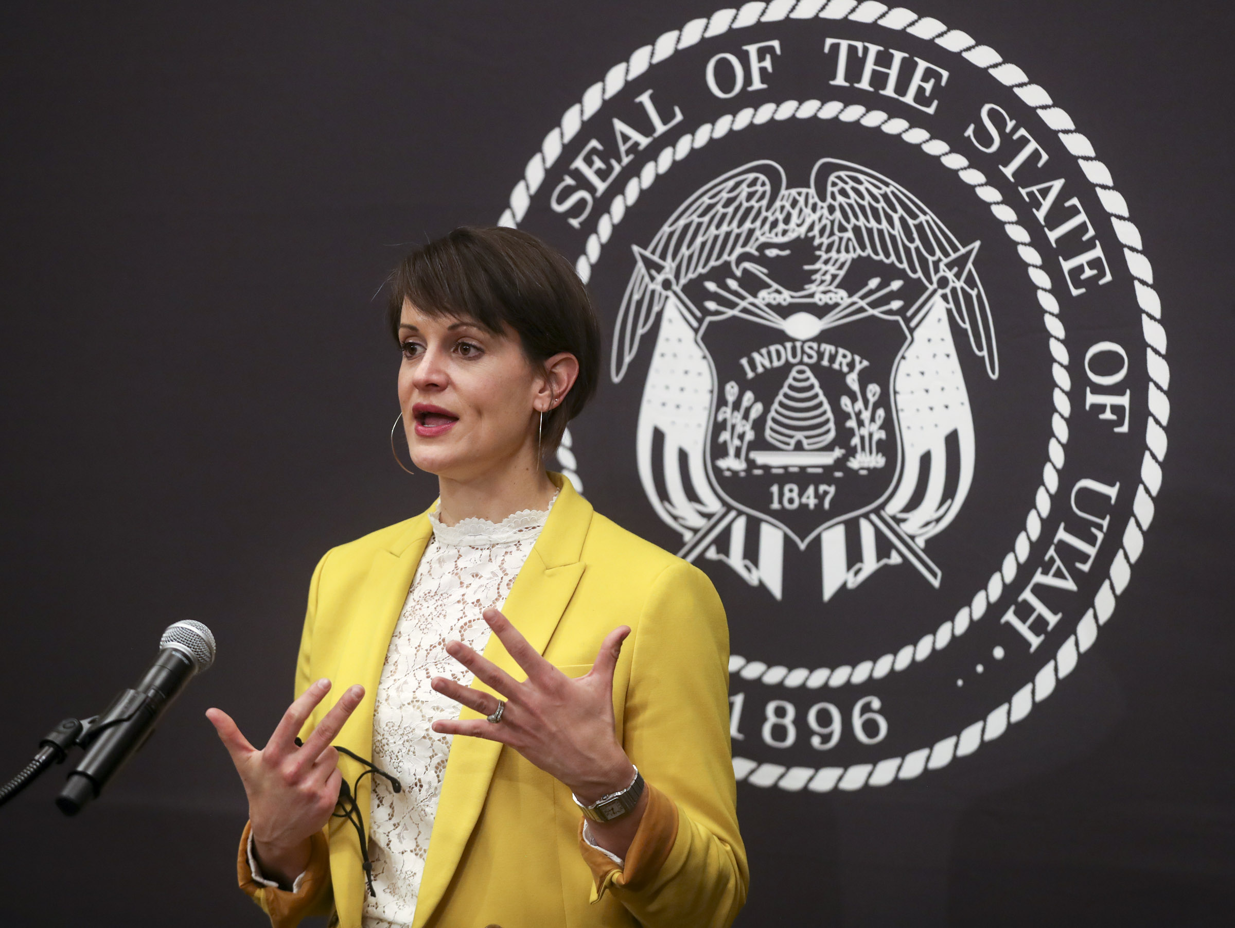 State epidemiologist Dr. Angela Dunn talks about the number of positive COVID-19 cases in Utah during a briefing at the Capitol in Salt Lake City on Thursday, Dec. 17, 2020.