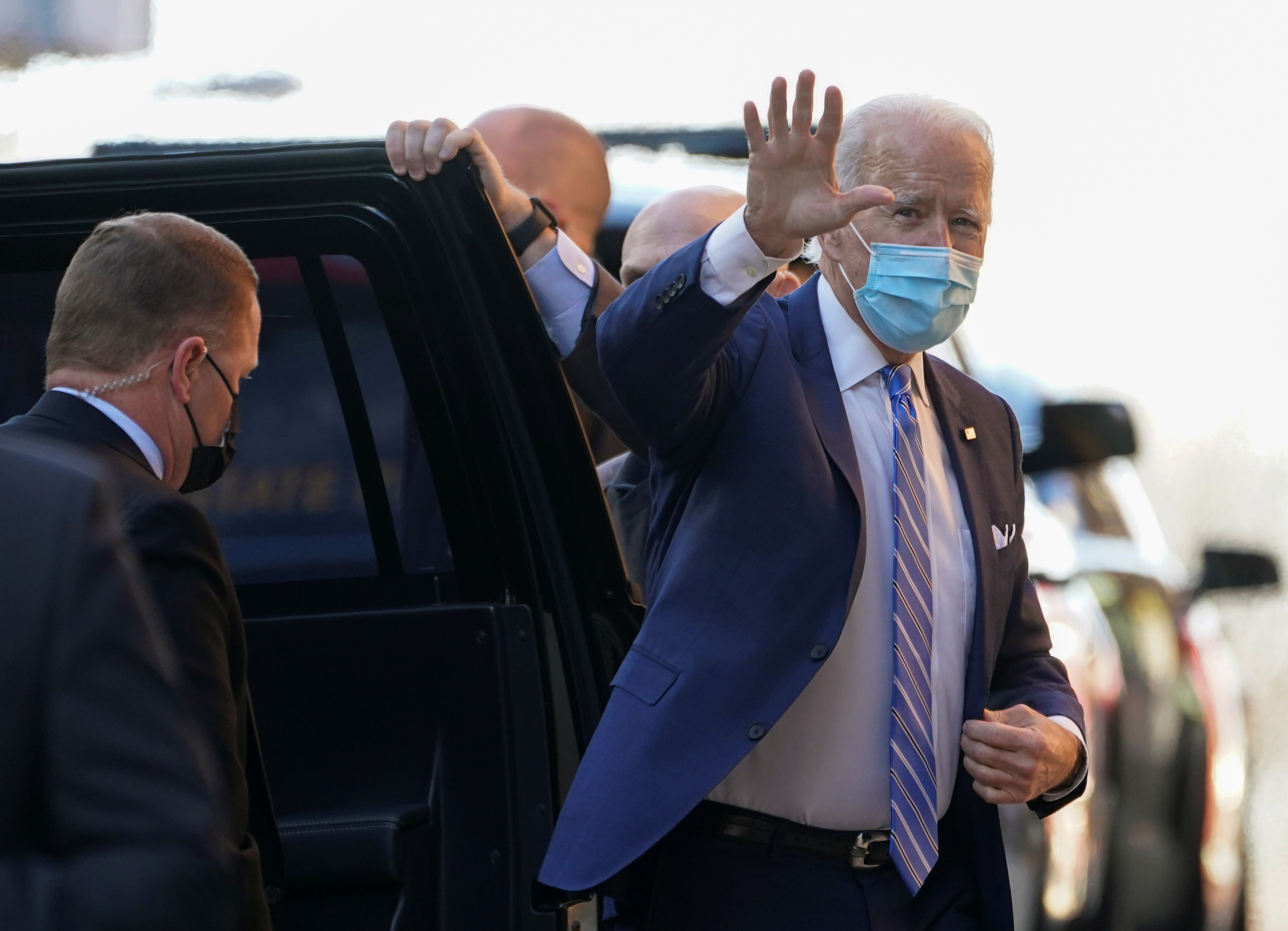 U.S. President-elect Joe Biden waves as he arrives at the Queen theatre for meetings in Wilmington, Delaware, U.S., December 7, 2020.