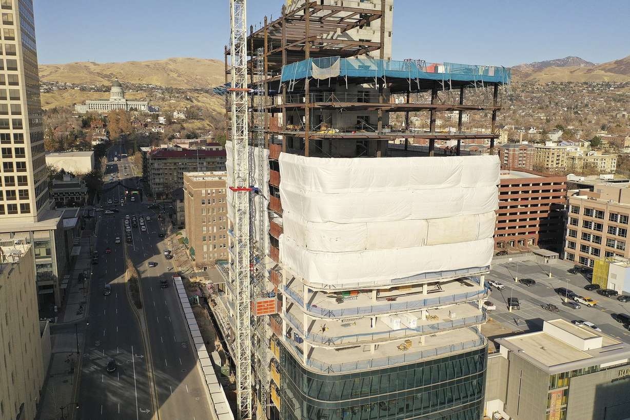 Construction on 95 State at City Creek in Salt Lake City continues on Wednesday, Nov. 25, 2020. The 515,000-square-foot 25-story Class A office tower will feature cutting-edge technology incorporating state-of-the-art enhancements that allows touchless entry from the main door and throughout the property, thereby creating a safer and healthier workplace experience for tenants and visitors.