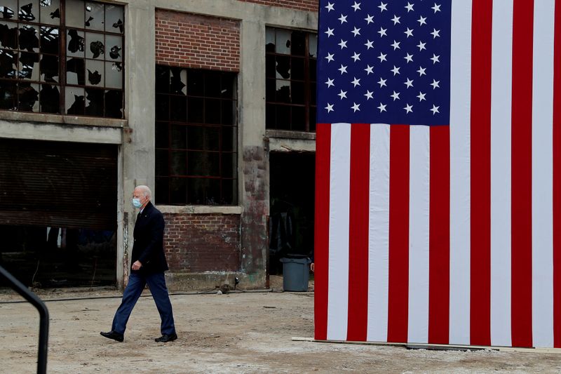 FILE PHOTO: U.S. President-elect Joe Biden arrives to address a drive-in campaign rally on behalf of Democratic U.S. Senate candidates from Georgia Jon Ossoff and Raphael Warnock, ahead of their January 5 runoff elections, at Pullman Yard in Atlanta, Georgia, U.S., December 15, 2020. REUTERS/Mike Segar/File Photo