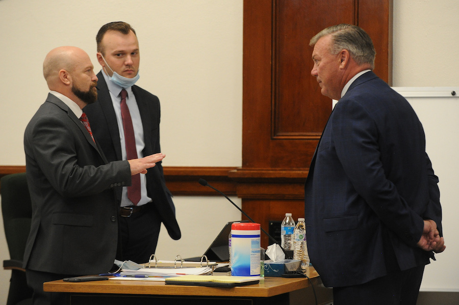 Prosecuting attorney Rob Wood speaks with defense attorney John Prior during Chad Daybell's preliminary hearing in Fremont County on Monday, August 3, 2020. Daybell is being charged with destruction, alteration or concealment of evidence and conspiracy to commit destruction, alteration or concealment of evidence, both felony charges. The remains of Lori Vallow Daybell's two children were found on Chad Daybell's property. (Post Register/ John Roark, POOL)