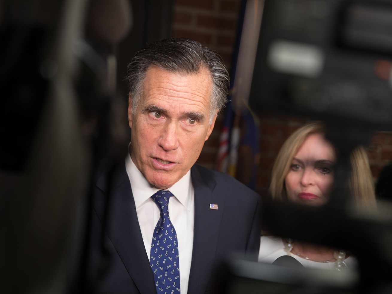 Sen. Mitt Romney, R-Utah, speaks to the press staked
outside his new office on Capitol Hill in Washington, D.C., on
Thursday, Jan. 3, 2019.