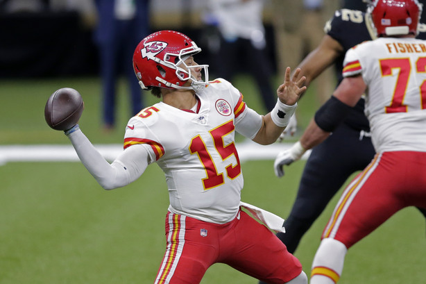 Kansas City Chiefs quarterback Patrick Mahomes (15) passes in the first half of an NFL football game against the New Orleans Saints in New Orleans, Sunday, Dec. 20, 2020.