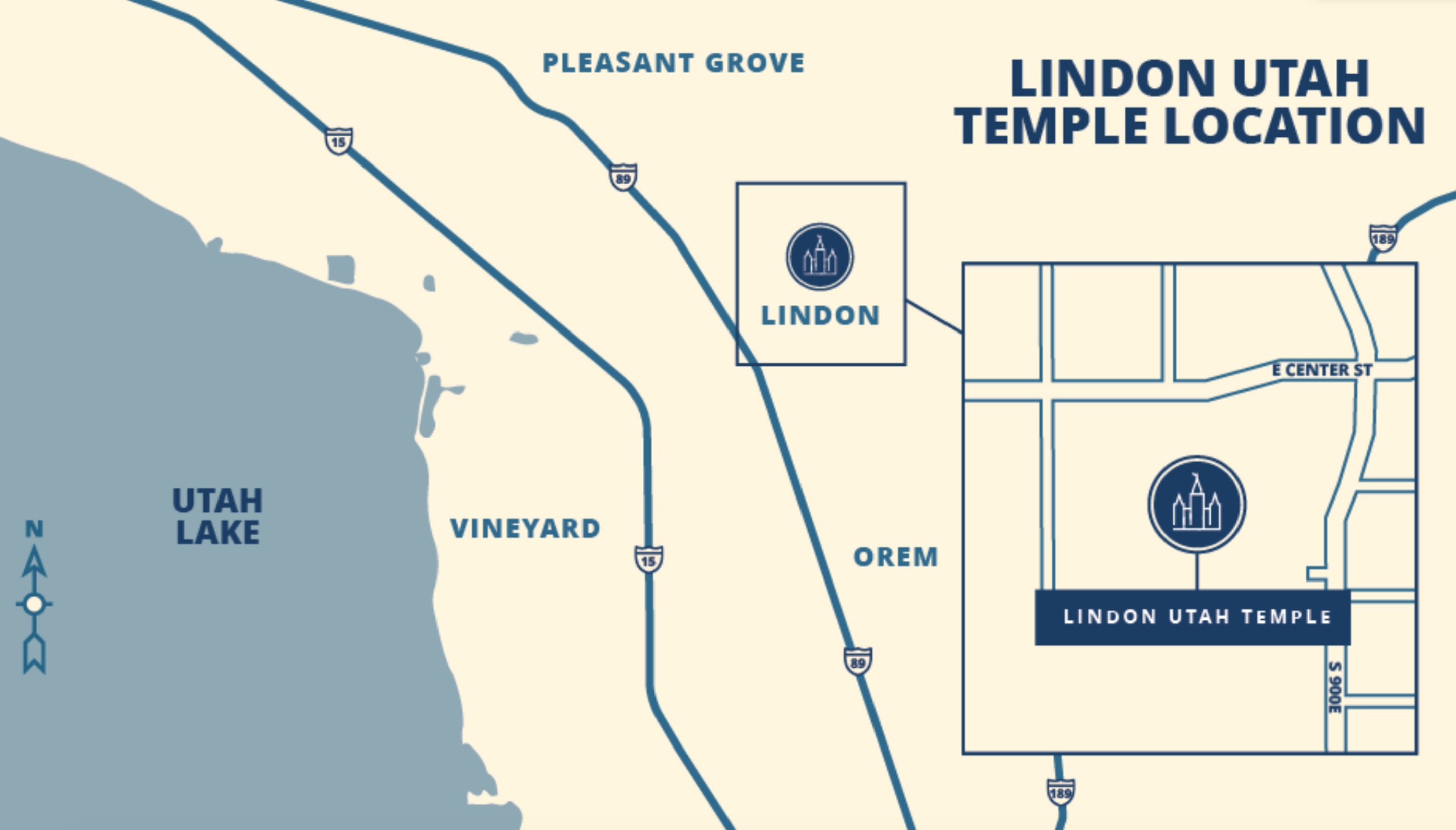 A map of where the Lindon Utah Temple will be located. The temple was announced earlier in 2020.