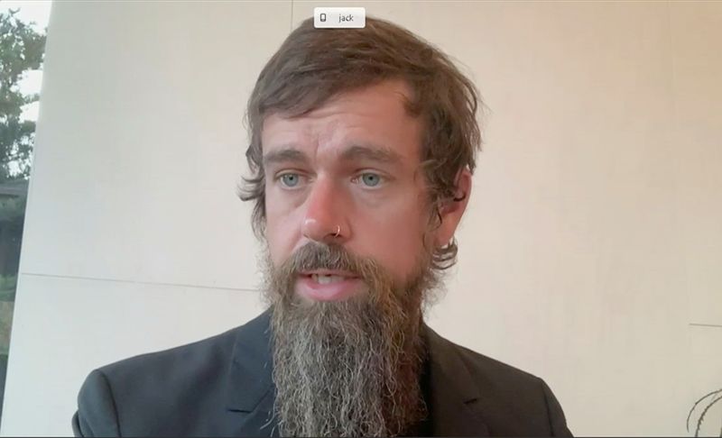 FILE PHOTO: Twitter CEO Jack Dorsey is seen as he testifies remotely from his home during a Senate Commerce, Science and Transportation hearing to discuss "reforming Section 230 of the Communications Decency Act," which protects internet companies, on Capitol Hill in Washington, U.S., October 28, 2020.  U.S. Senate Committee on Commerce, Science and Transportation/Handout via REUTERS