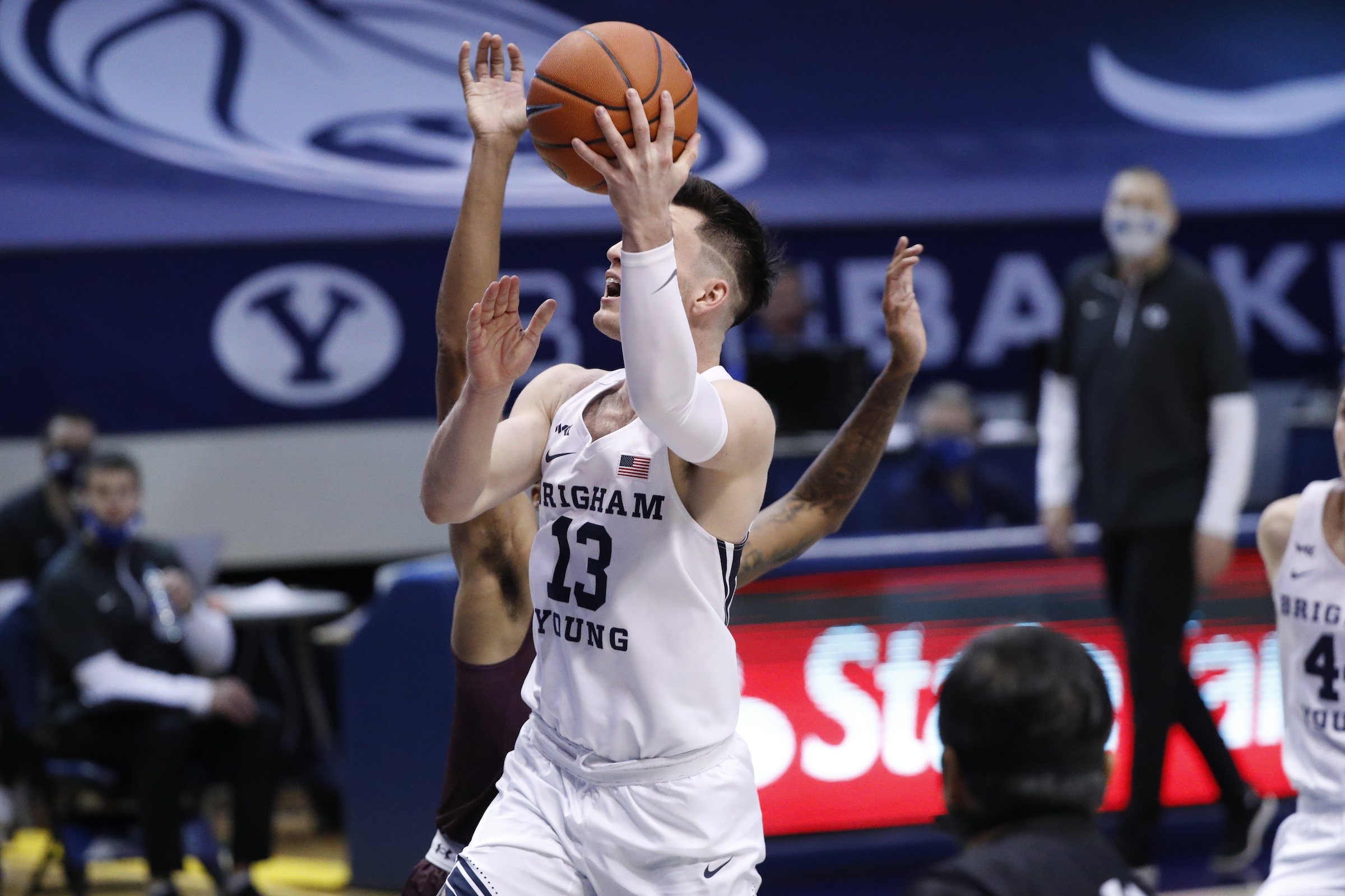BYU guard Alex Barcello puts up a shot against Texas Southern, Monday, Dec. 21, 2020 in Provo.