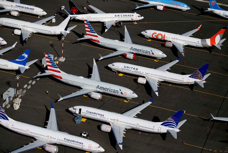 FILE PHOTO: Grounded Boeing 737 MAX aircraft are seen parked in an aerial photo at Boeing Field in Seattle, Washington, U.S. July 1, 2019.REUTERS/Lindsey Wasson