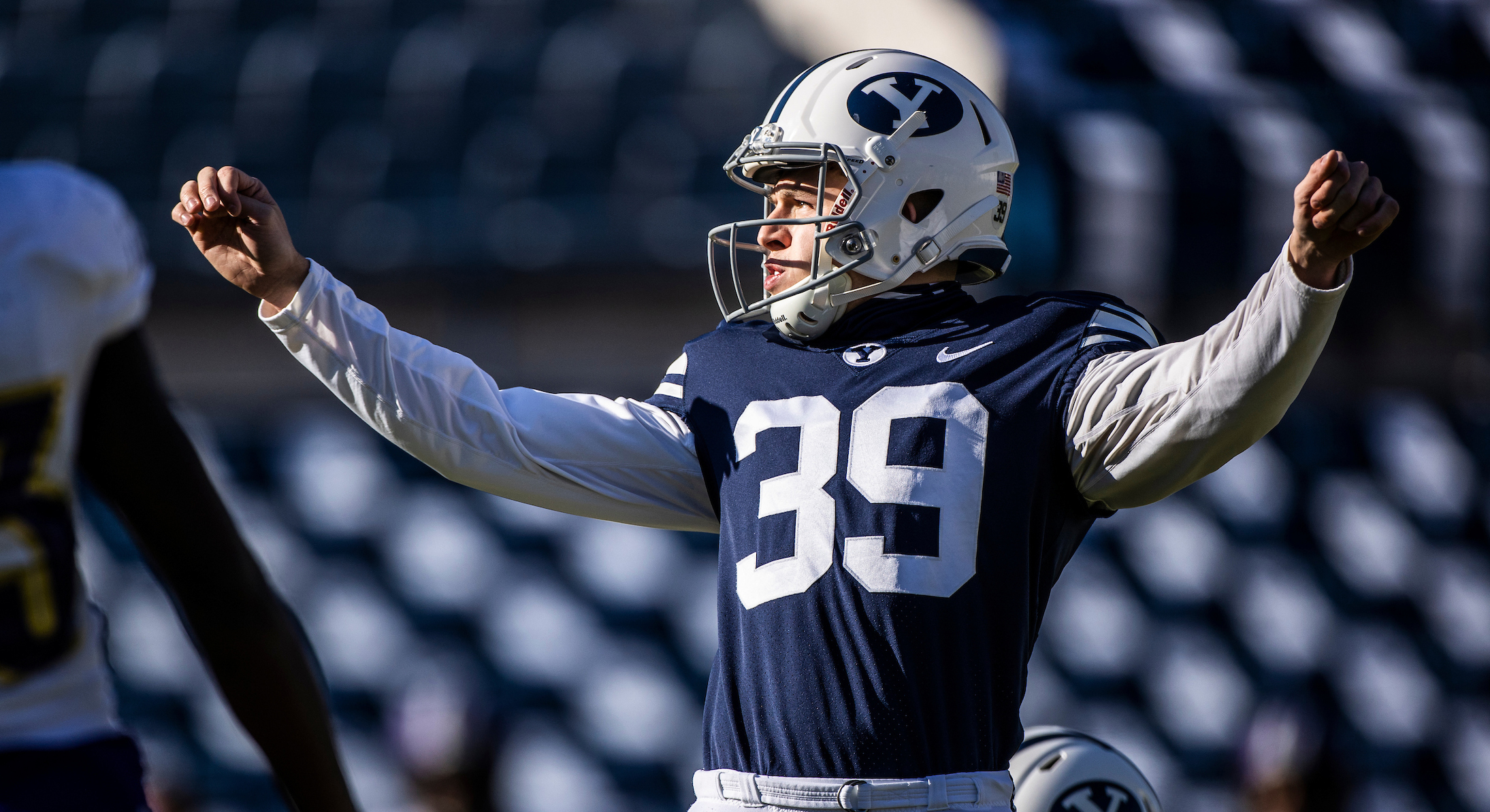 BYU kicker Jake Oldroyd against North Alabama, Nov. 21, 2020 in Provo.