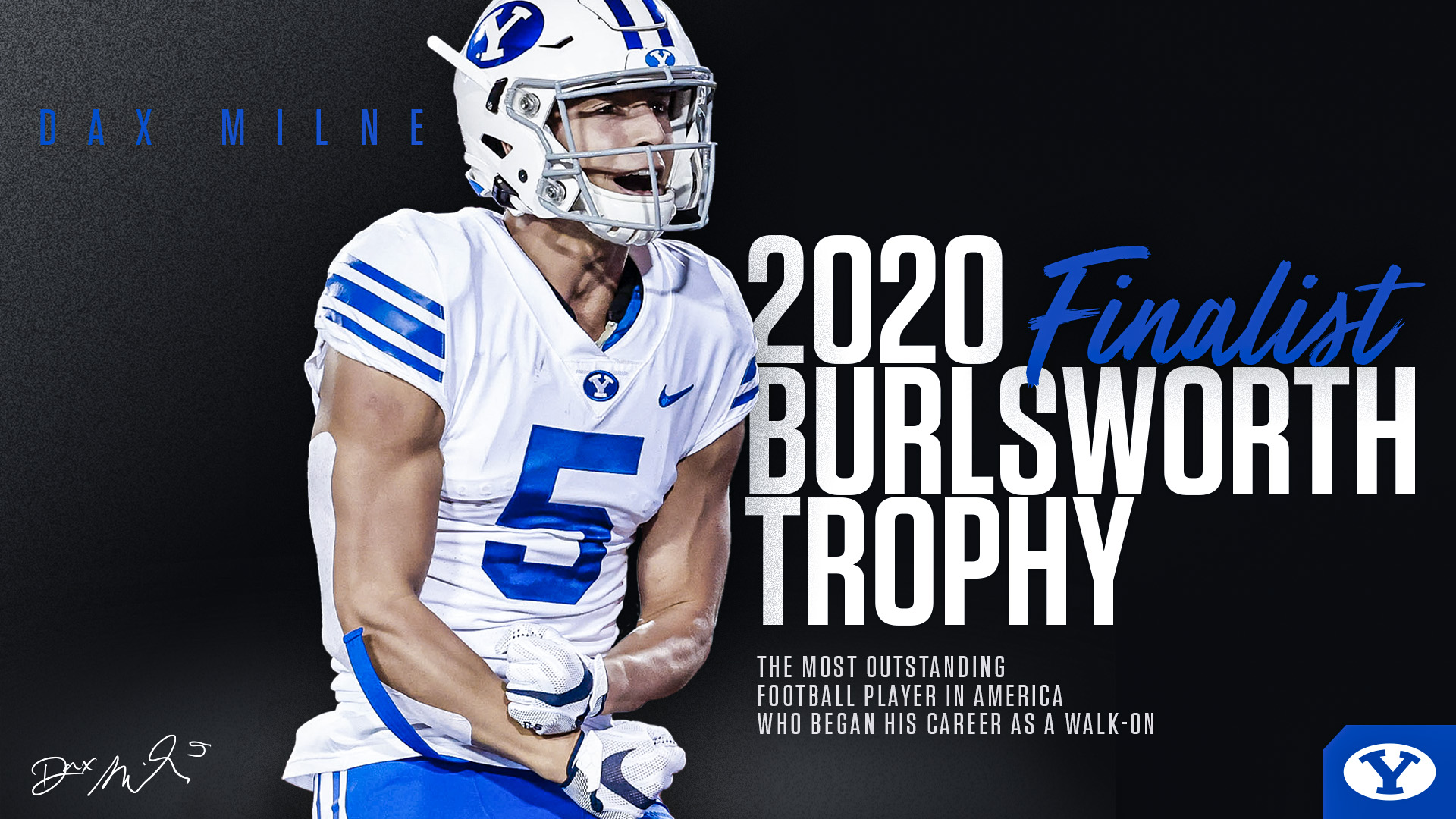 BYU wide receiver Dax Milne is one of three finalists for the 2020 Bulsworth Trophy, given annually to the nation's top player who began his career as a walk-on.