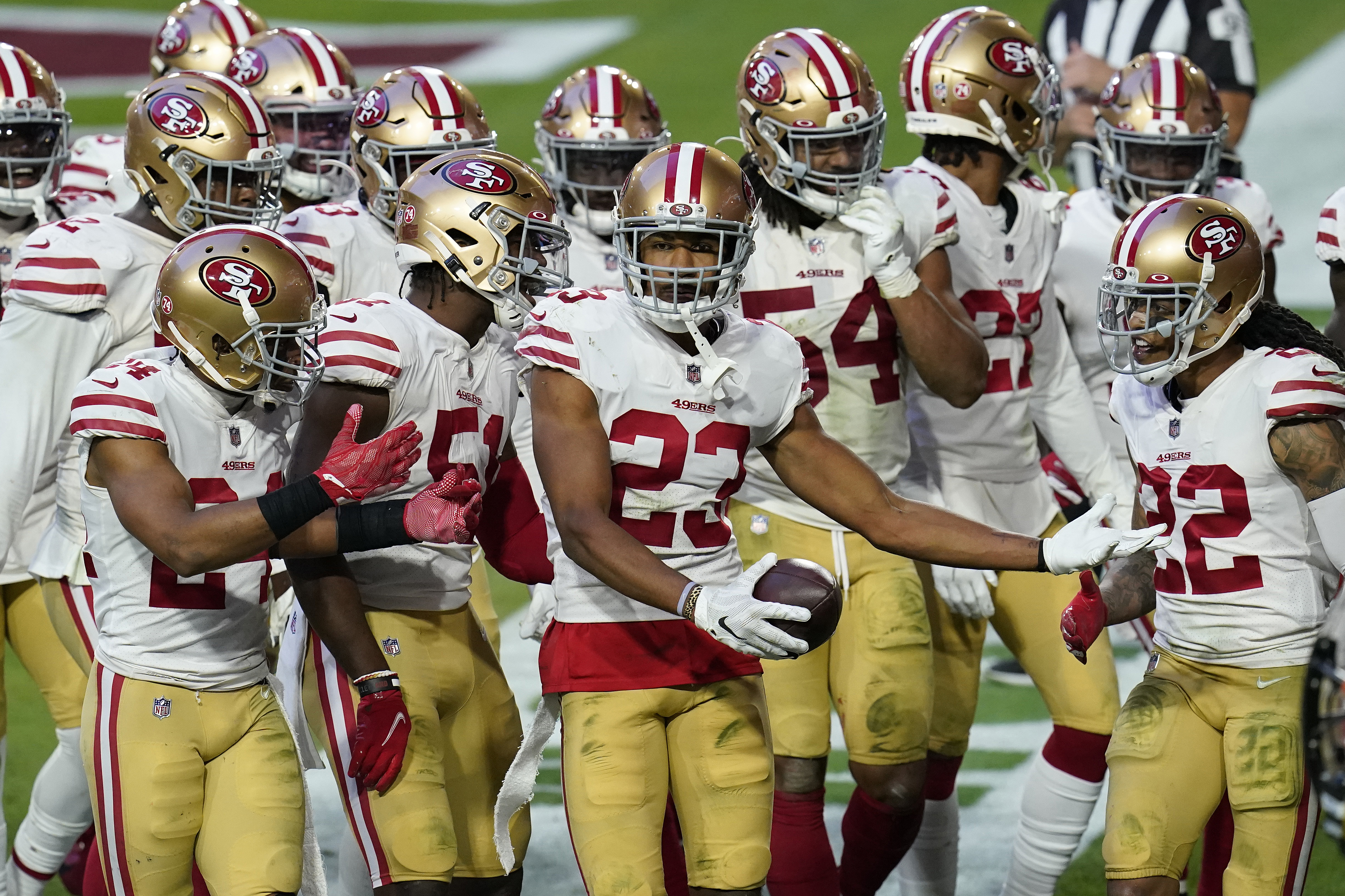 San Francisco 49ers cornerback Ahkello Witherspoon (23) celebrates his interception against the Arizona Cardinals during the second half of an NFL football game, Saturday, Dec. 26, 2020, in Glendale, Ariz.