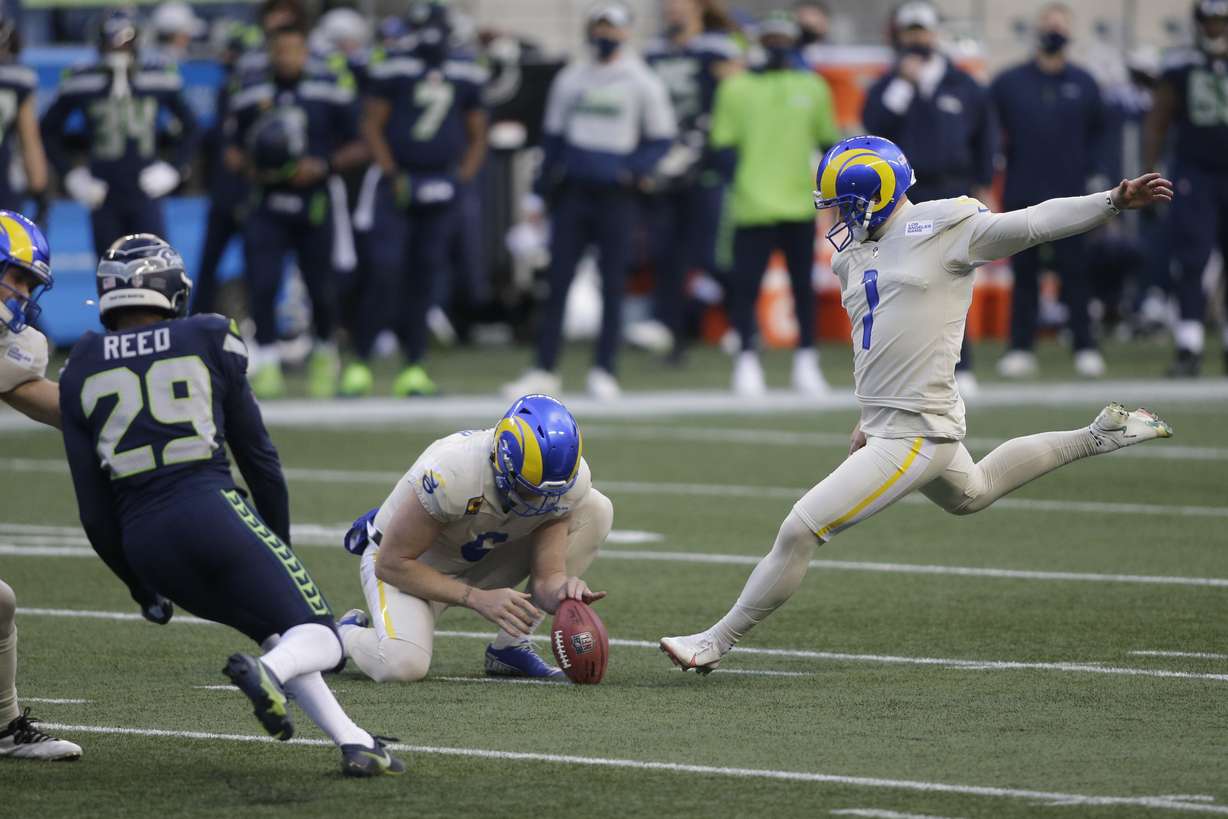 Los Angeles Rams kicker Matt Gay (1) kicks a field goal against the Seattle Seahawks during the second half of an NFL football game, Sunday, Dec. 27, 2020, in Seattle.