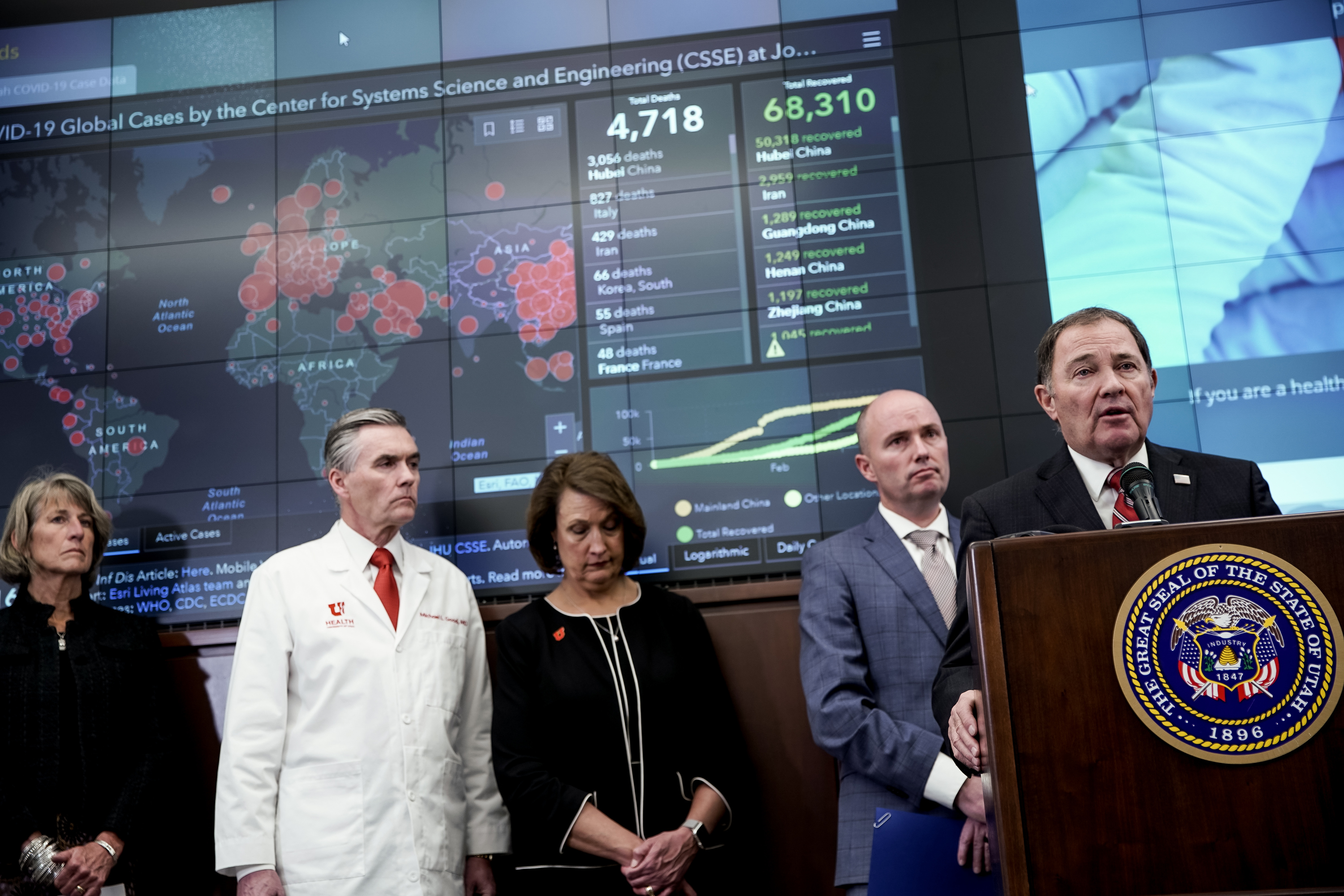 Gov. Gary Herbert, right, discusses the spread of COVID-19 during a press conference in the Emergency Operations Center at the Capitol in Salt Lake City on Thursday, March 12, 2020.