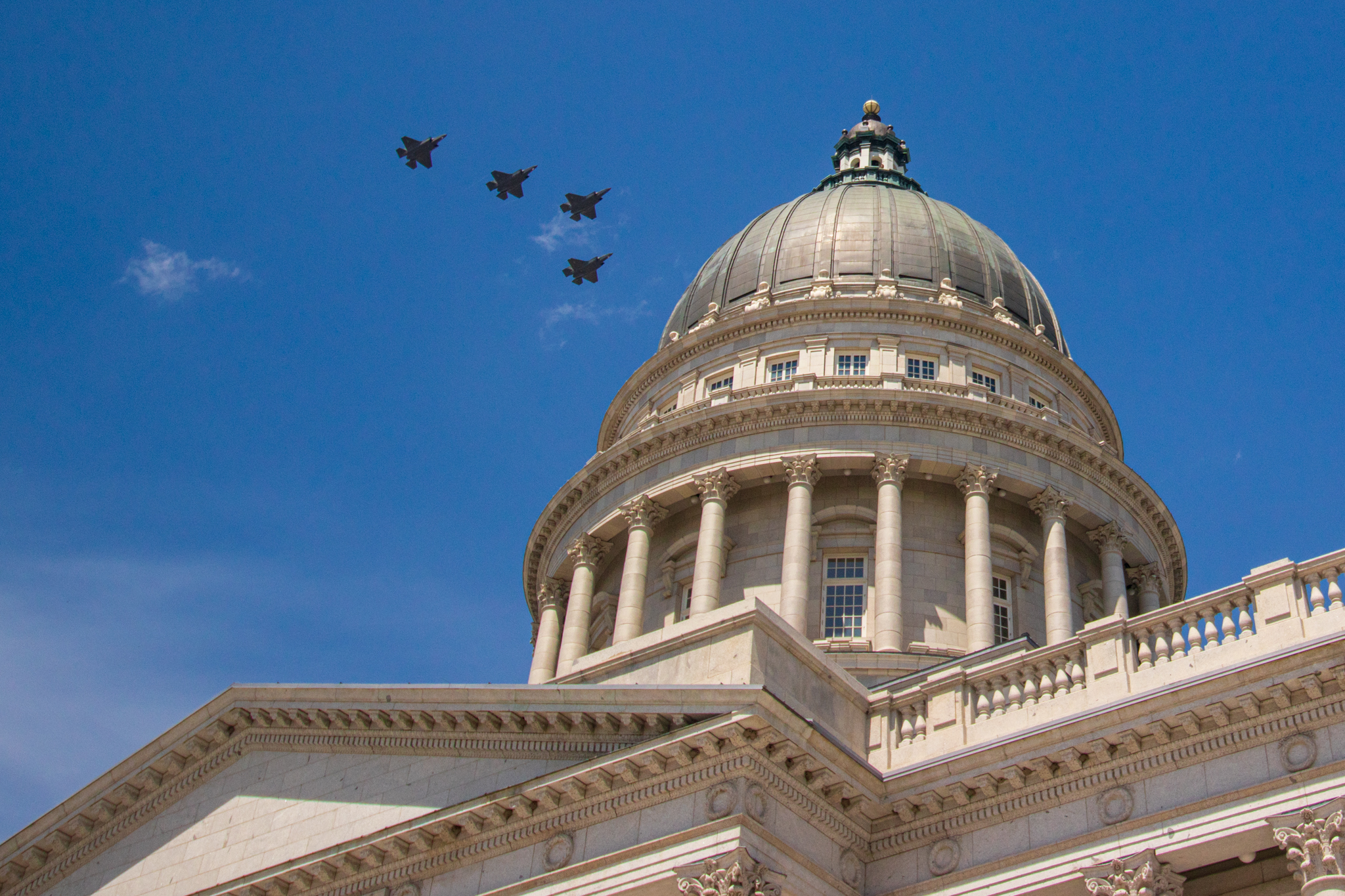 The Hill Air Force Base's 388th Fighter Wing flies over the Utah Capitol in Salt Lake City on Thursday, April 30, 2020.