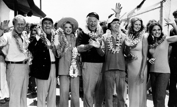 FILE - This Oct. 2, 1978 file photo shows the cast of "Gilligan's Island," from left, Russell Johnson, as the professor; Jim Backus as Thurston Howell III; Natalie Schafer, as Mrs. Howell III; Alan Hale Jr., as the skipper; Bob Denver, as Gilligan; Judith Baldwin replacing original cast member Tina Louise, as Ginger, and Dawn Wells, as Mary Ann. Wells died Wednesday, Dec. 30, 2020, of causes related to COVID-19, her publicist said.
