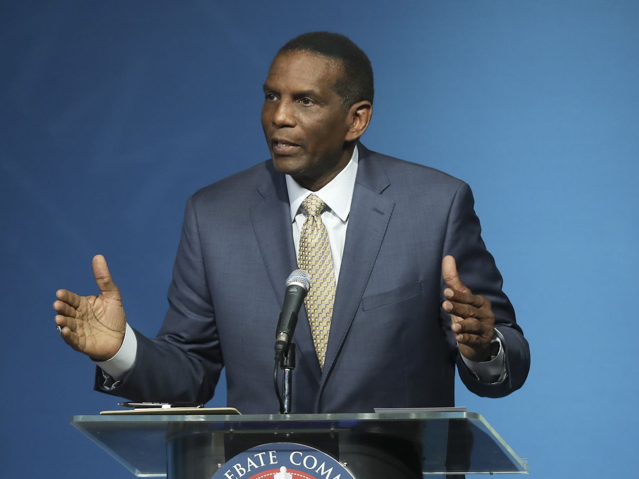 Burgess Owens, former NFL star, speaks during a 4th
Congressional District GOP debate in June. The incoming
congressman is reportedly going to join other Republicans in
challenging the electoral vote results.