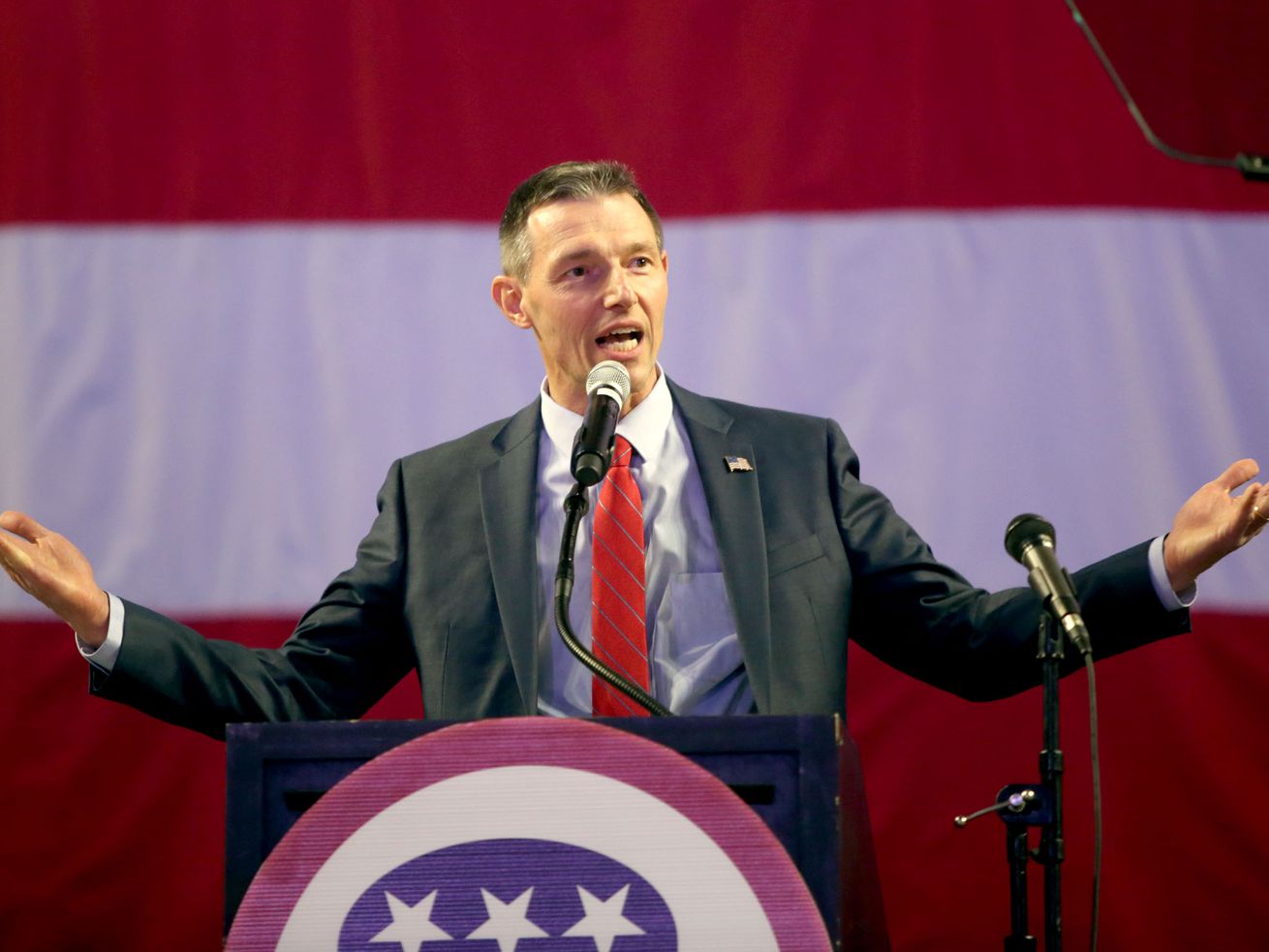 State Rep. Mike Kennedy, R-Alpine, speaks during the
Utah Republican Party state convention in 2018 when he challenged
Mitt Romney in the U.S. Senate race. Kennedy was chosen to fill an
open Utah Senate seat.