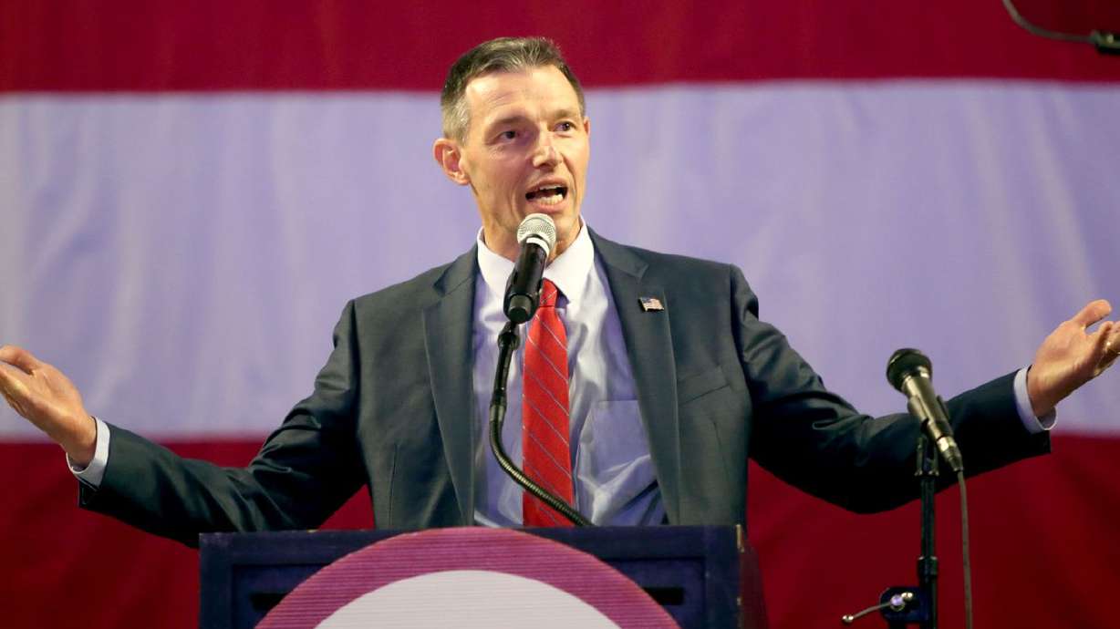 State Rep. Mike Kennedy, R-Alpine, speaks during the
Utah Republican Party state convention in 2018 when he challenged
Mitt Romney in the U.S. Senate race. Kennedy was chosen to fill an
open Utah Senate seat.