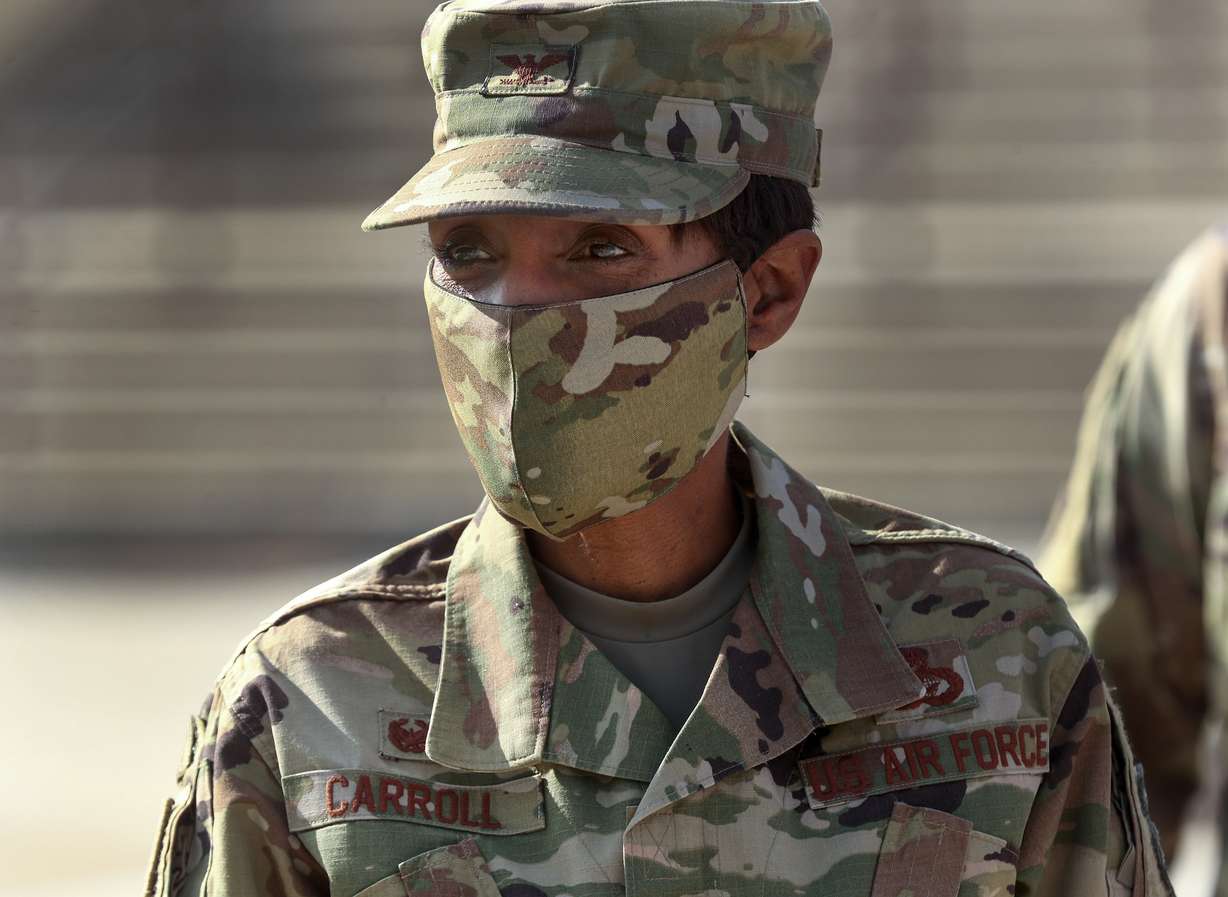 Col. Jenise M. Carroll, the new 75th Air Base Wing commander at Hill Air Force Base, wears her mask as she greets members of the media at the base near Clearfield on Monday, Aug. 3, 2020.