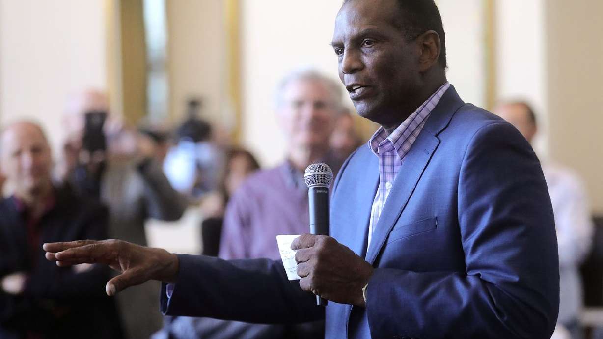 Republican Burgess Owens speaks during a campaign
launch event at Hale Centre Theatre in Sandy on Wednesday, Nov. 6,
2019.