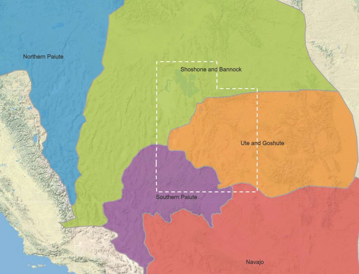A map of where Native American groups called home in relation to Utah's current state boundary.