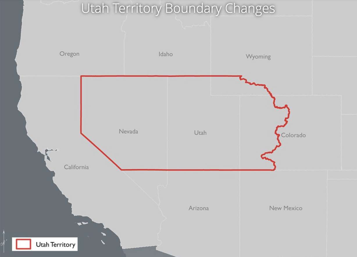 A map of Utah Territory from 1850 to Feb. 27, 1861. Throughout 1861, the map changed with the creations of the Colorado and Nevada territories, while some was also trimmed and transferred to the Nebraska Territory.