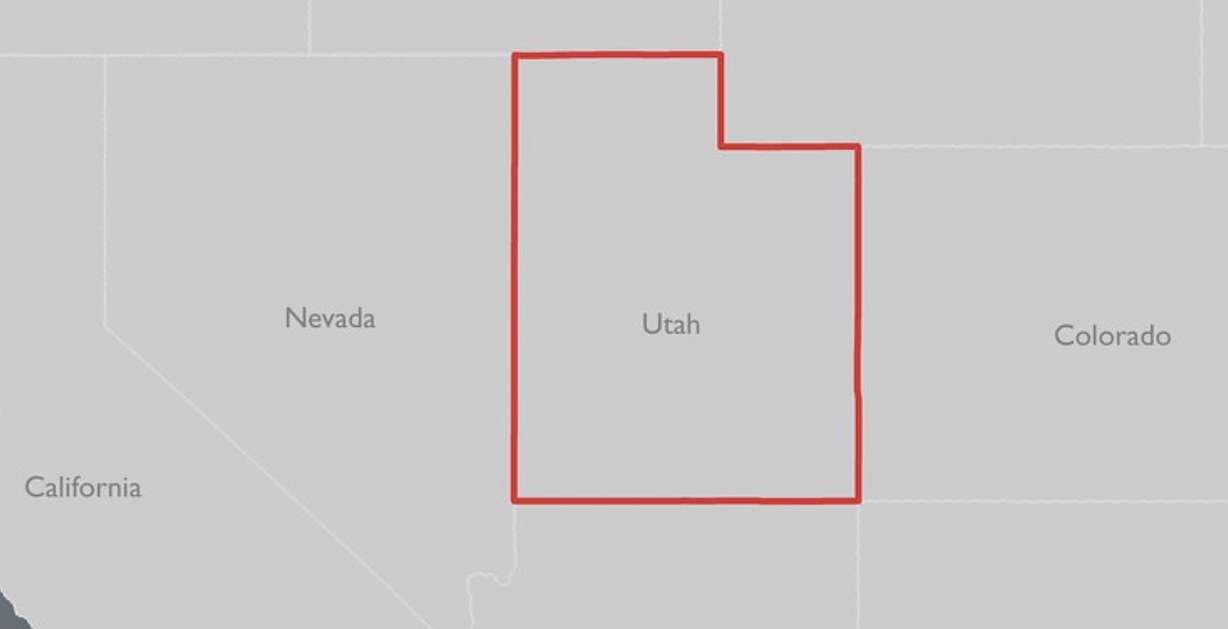 A map of Utah after Congress transferred one last section of its northeastern corner to Wyoming in 1868.