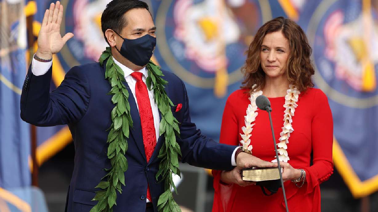 Utah Attorney General Sean Reyes takes his oath of office with his wife Saysha Reyes at his side at Tuacahn Center for the Arts in Ivins, Washington County, near St. George on Monday, Jan. 4, 2021.