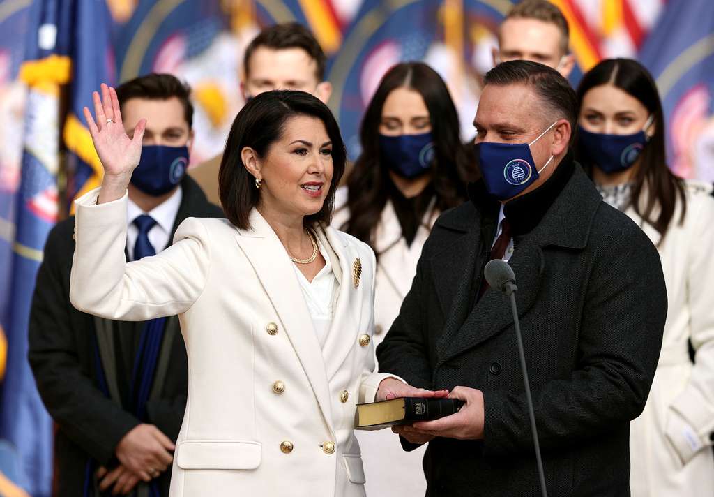Utah Lt. Gov. Deidre Henderson takes the oath of office with her husband Gabe at her side during inaugural events at Tuacahn Center for the Arts in Ivins, Washington County, near St. George on Monday, Jan. 4, 2021.