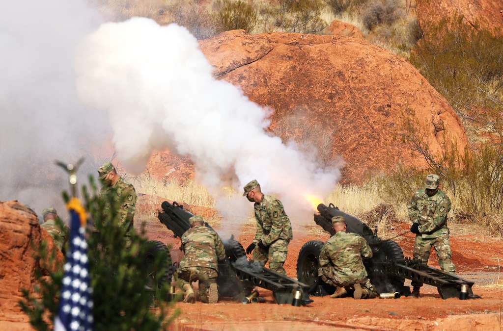Members of the National Guard fire off a 21-gun salute after Gov. Spencer Cox takes his oath of office during an inaugural ceremony at Tuacahn Center for the Arts in Ivins, Washington County, near St. George on Monday, Jan. 4, 2021.