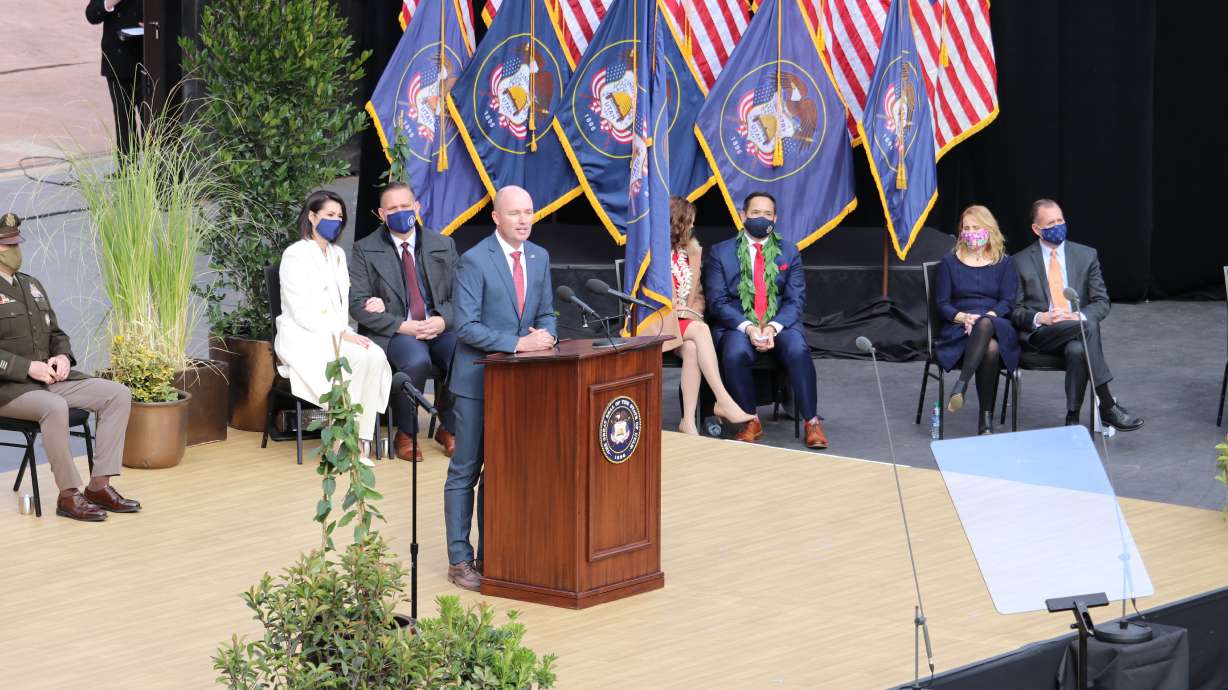 Gov. Spencer Cox delivers his inaugural address at the Tuacahn Center for the Arts shortly after being sworn in as the 18th governor of Utah on Monday, Jan. 4, 2021.